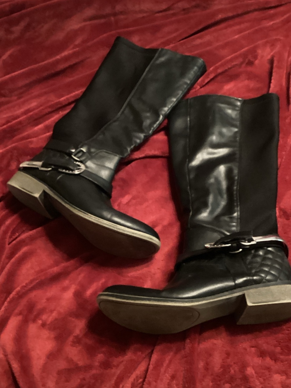 Women's Black Mid-Calf Wide Calf Faux Leather Heeled Boots with Buckle Detail